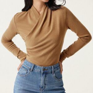 OGL Eco Mousse Soft Stretchy Surplice Wrap Look Long Sleeve Top Camel Sz Medium